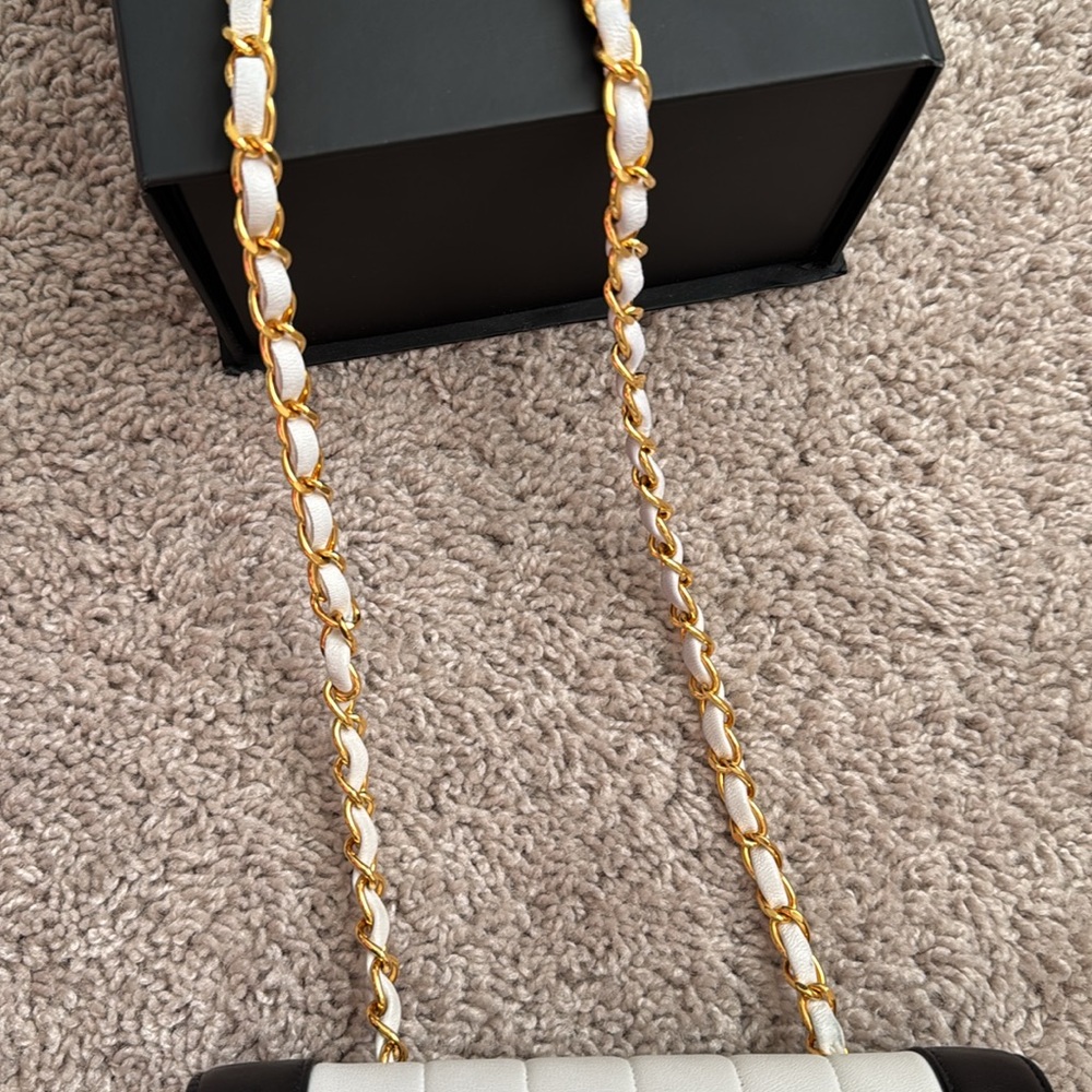 Vintage Chanel Mini Mademoiselle Bag Black and White Lambskin Gold Hardware - Picture 16 of 17